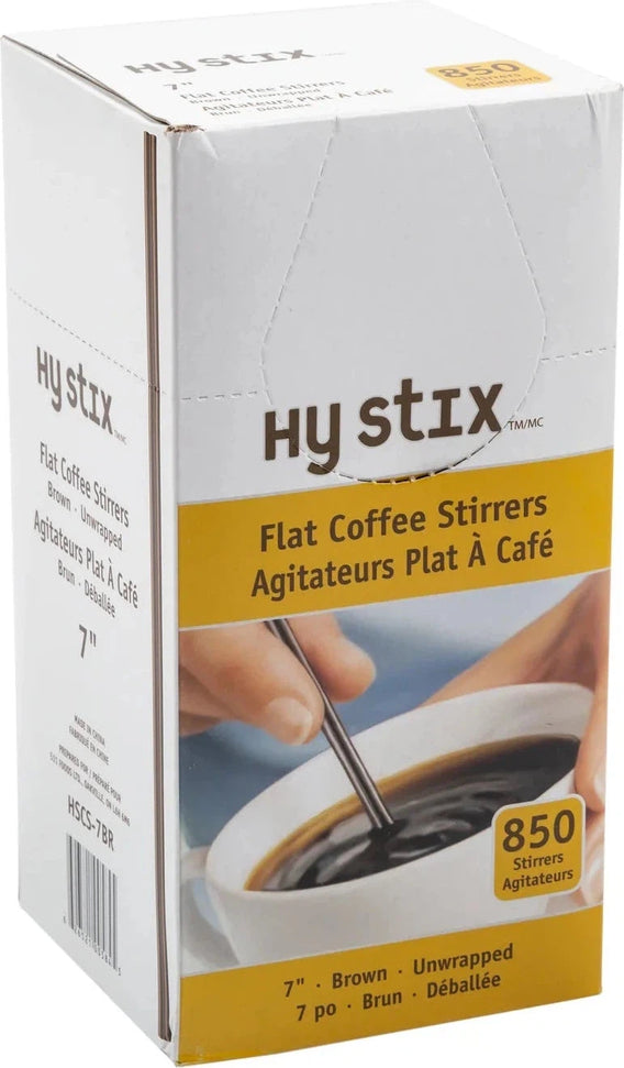 Hy-Stix - 7" Plastic Brown Flat Coffee Stirrer, 850/Box - HSCS-7BR
