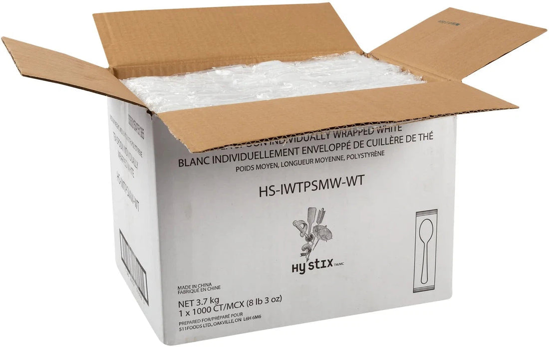 Hy-Stix - White Individually Wrapped Teaspoon, 1000/Cs - HS-IWTPSMW-WT