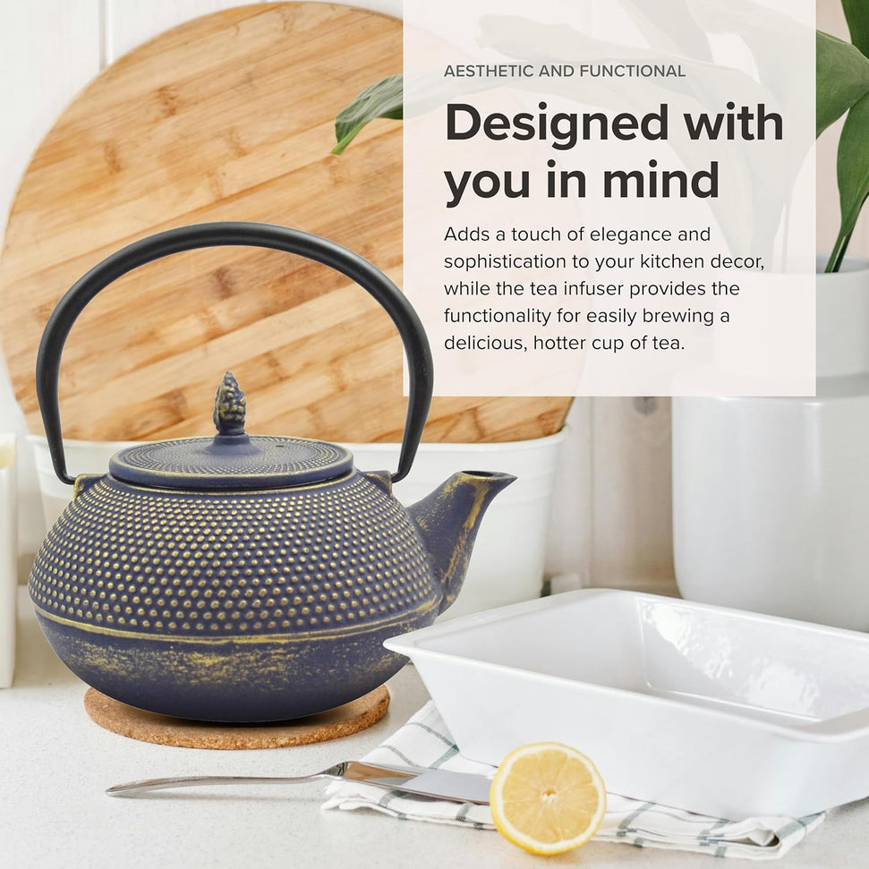 Ja By Frieling - Arare 40 Ounce Blue/Gold Cast Iron Teapot with Stainless Steel Infuser - J25570