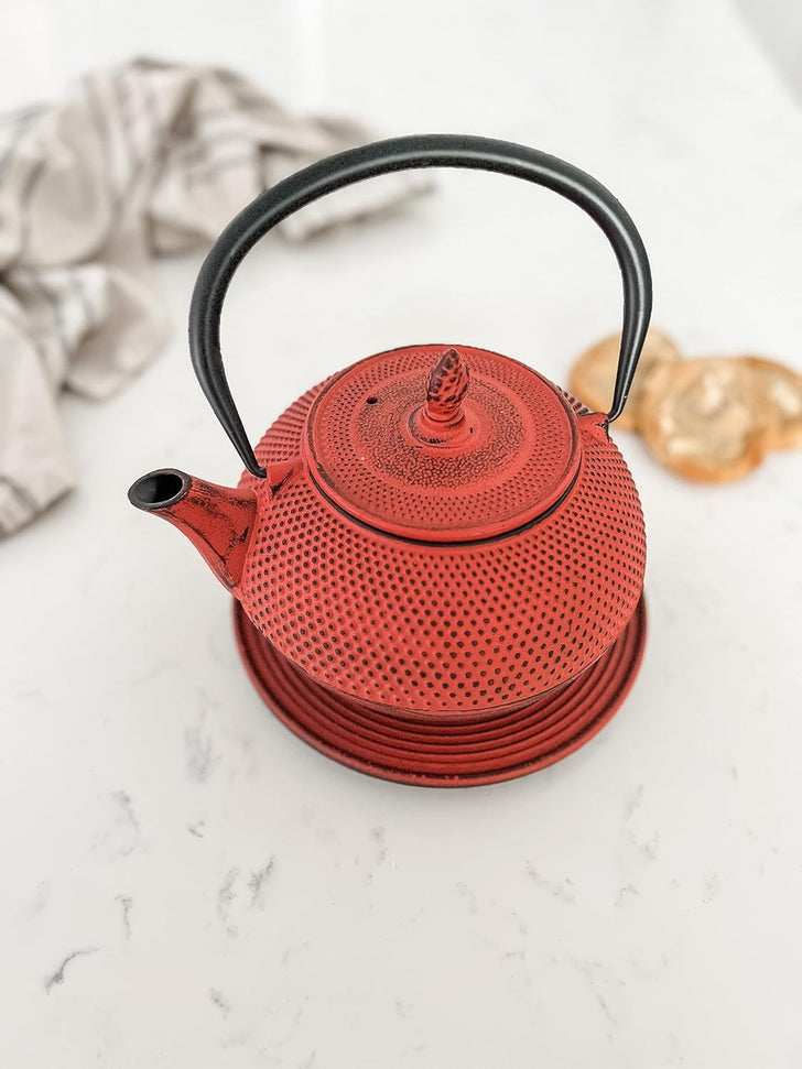 Ja By Frieling - Arare 40 Ounce Red Cast Iron Teapot and Trivet with Stainless Steel Infuser - J25910