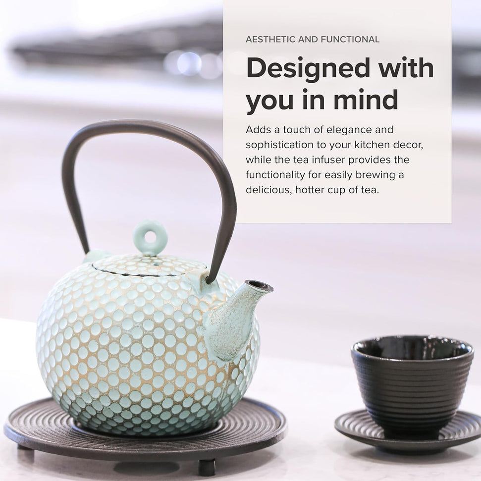 Ja By Frieling - Dim 34 Ounce Cast Iron Mint/Gold Teapot and Trivet with Stainless Steel Infuser - J25735