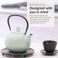 Ja By Frieling - Dim 34 Ounce Cast Iron Mint/Gold Teapot and Trivet with Stainless Steel Infuser - J25735