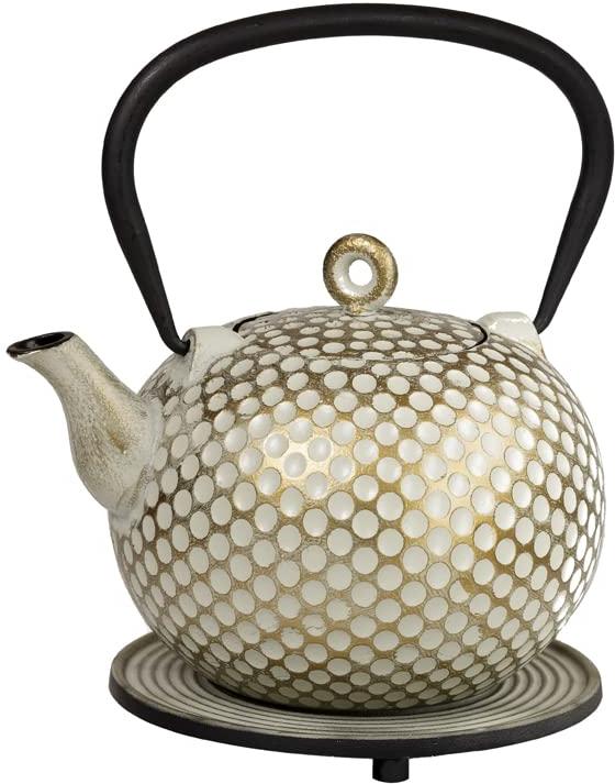 Ja By Frieling - Dim 34 Ounce Cast Iron White/Gold Teapot and Trivet with Stainless Steel Infuser - J25736