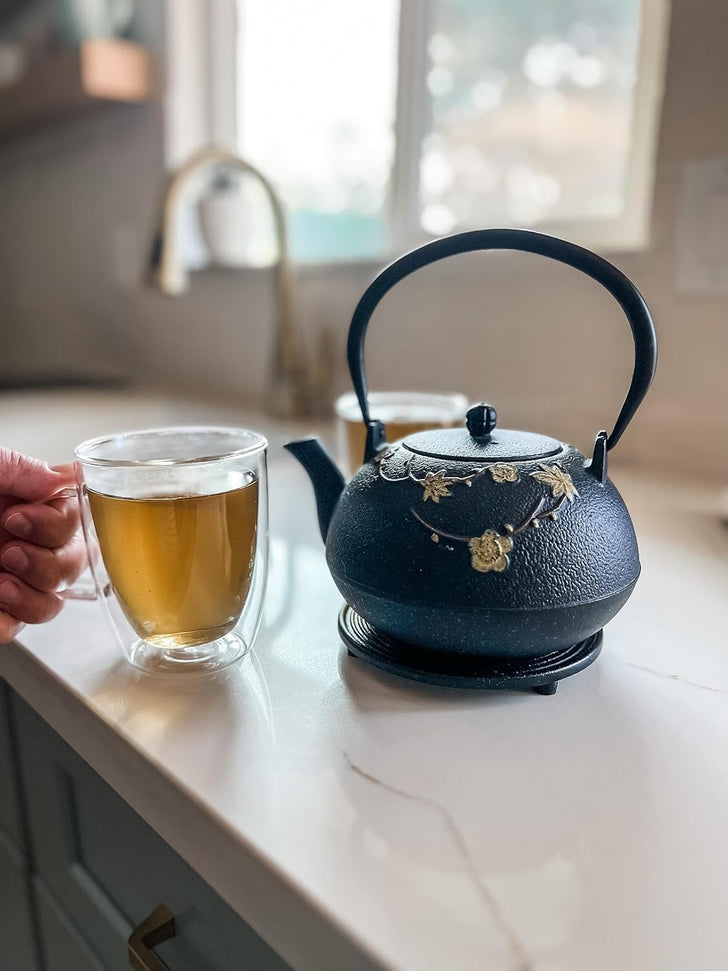 Ja By Frieling - Hama 34 fl. oz. Black/Yellow Cast Iron Teapot & Cast Iron Trivet with Stainless Steel Infuser - J25619