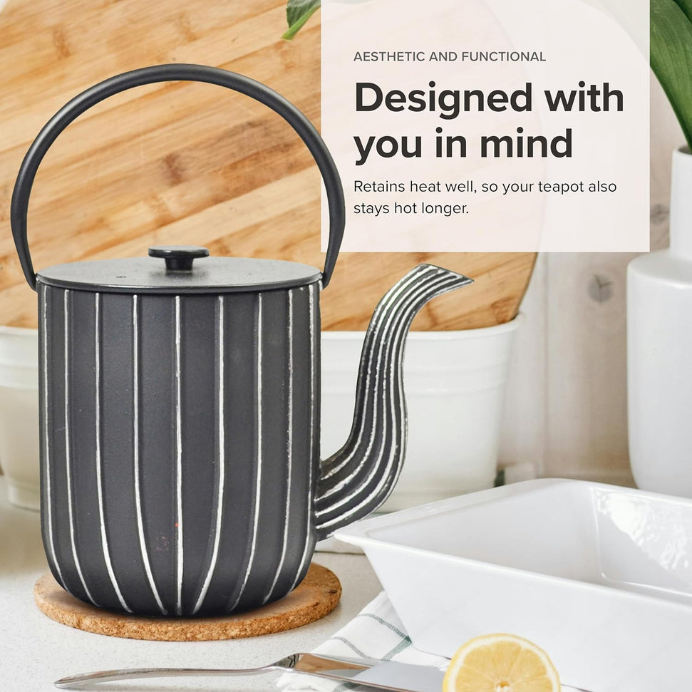 Ja By Frieling - Mariage 34 fl. oz. Black/Silver Cast Iron Teapot & Trivet with Stainless Steel Tea Infuser - J25669