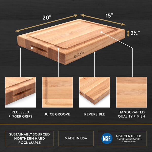 John Boos - 20" x 15" x 2.25" Reversible Maple Cutting Board with Juice Moat - RA02GRV
