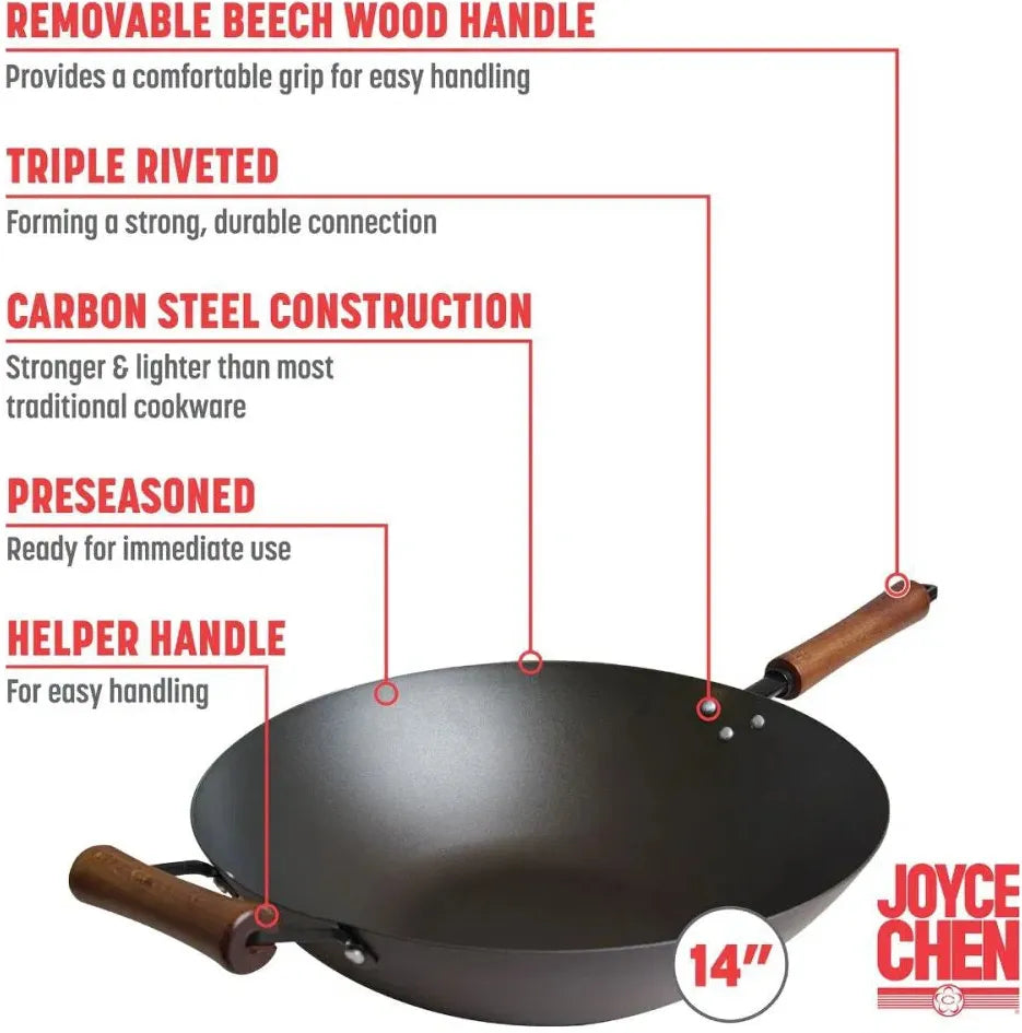 Joyce Chen - Classic Series 14" Black Carbon Steel Preseasoned Stir Fry Pan - J21-0514