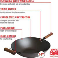 Joyce Chen - Classic Series 14" Black Carbon Steel Preseasoned Stir Fry Pan - J21-0514