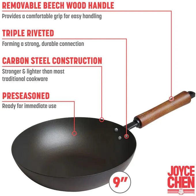 Joyce Chen - Classic Series 9.5" Black Carbon Steel Preseasoned Stir Fry Pan - J21-0509