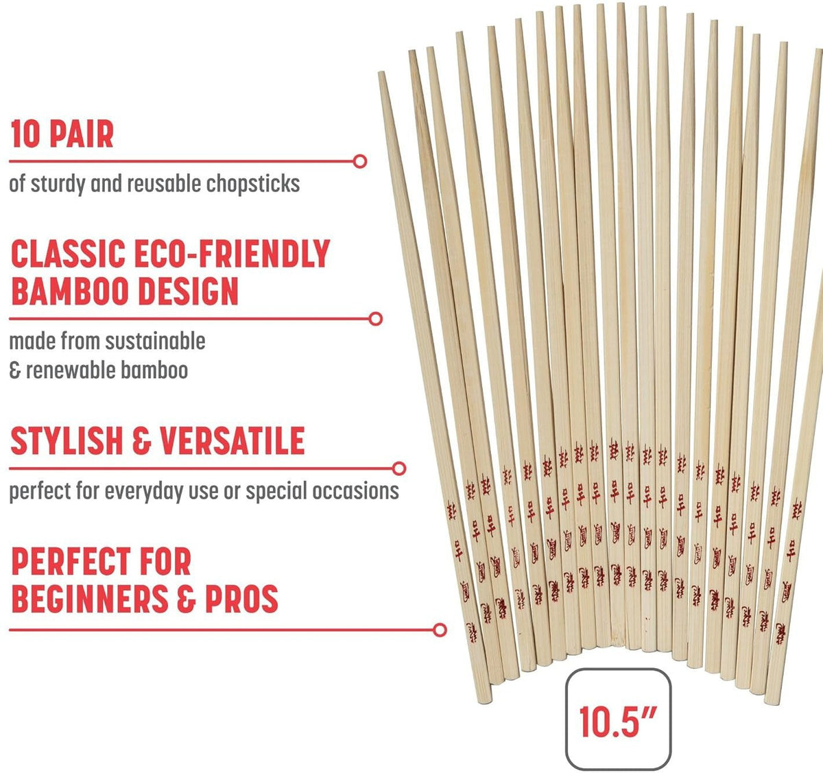 Joyce Chen - Reusable Burnished Bamboo Chopsticks, Pack of 10 Pair - J30-0043