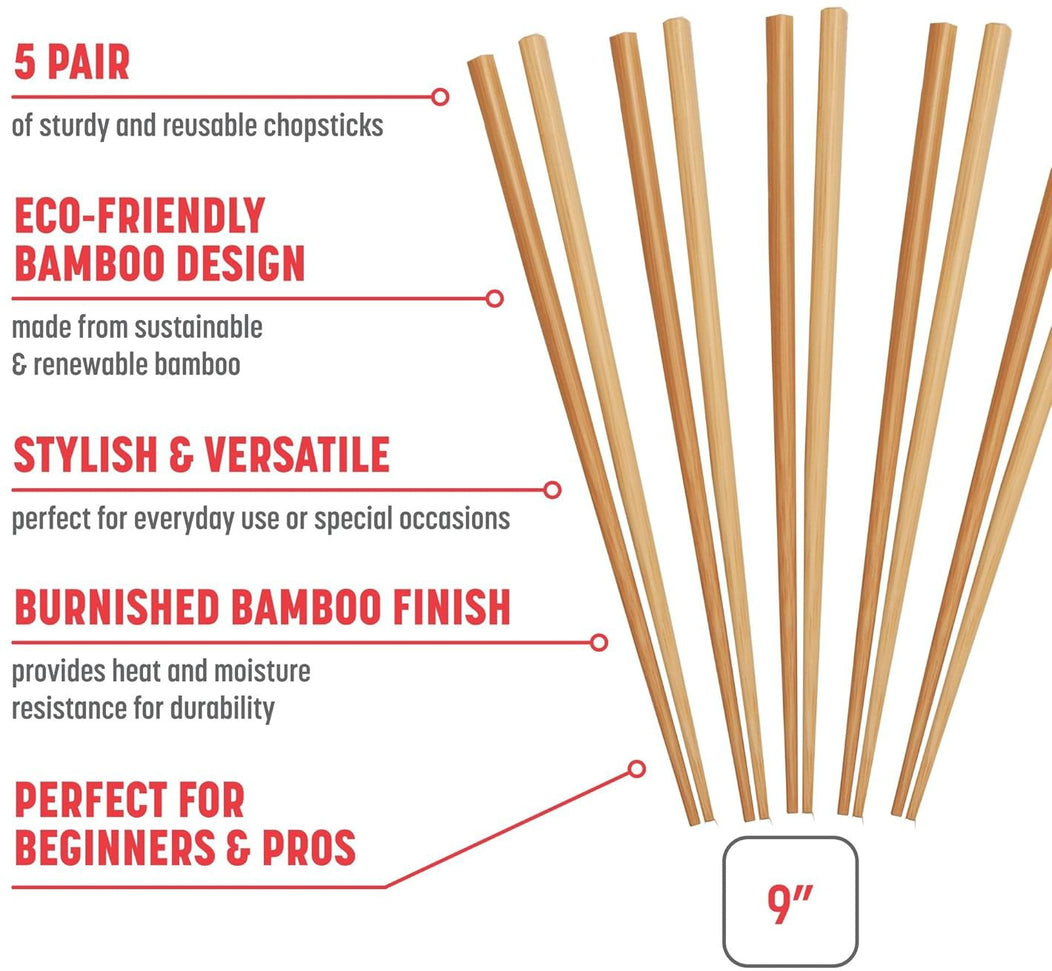 Joyce Chen - Reusable Burnished Bamboo Chopsticks, Pack of 5 Pair - J30-0041