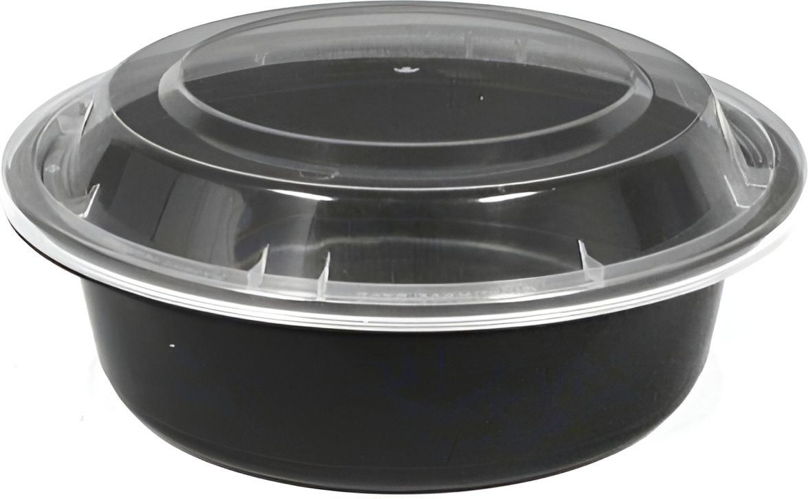 Kari-Out - 16 Oz Medium Round Black Plastic Containers with Lid Combo, 150/Cs - MT 0610B