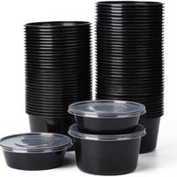 Kari-Out - 24 Oz Medium Round Black Plastic Containers with Lid Combo, Pack of 150 - MT1710B