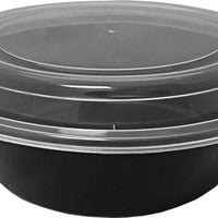 Kari-Out - 32 Oz Deep Round Black Plastic Containers with Lid Combo, Pack of 150 - MT0750B