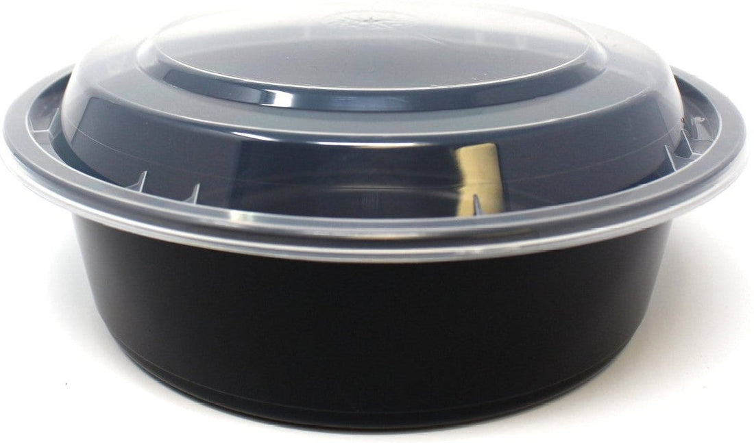 Kari-Out - 7" Shallow Round Black Plastic Containers with Lid Combo, Pack of 150 - MK0700B