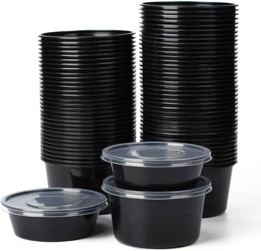 Kari-Out - 7" Shallow Round Black Plastic Containers with Lid Combo, Pack of 150 - MK0700B