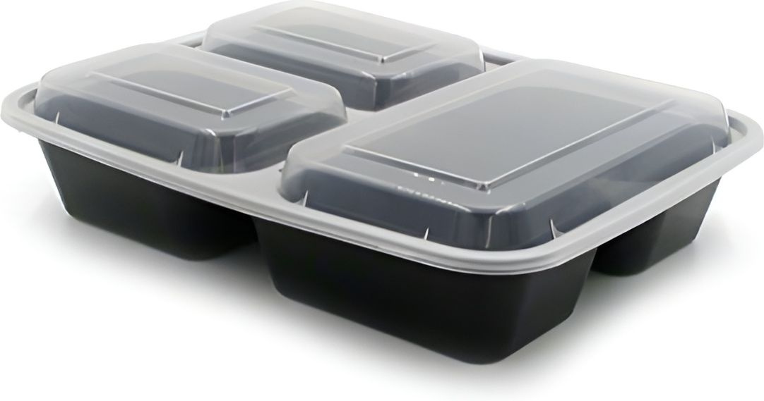 Kari-Out - 9" Black Plastic 3 Compartment Containers with Lid Combo, 150/Cs - MT3950B