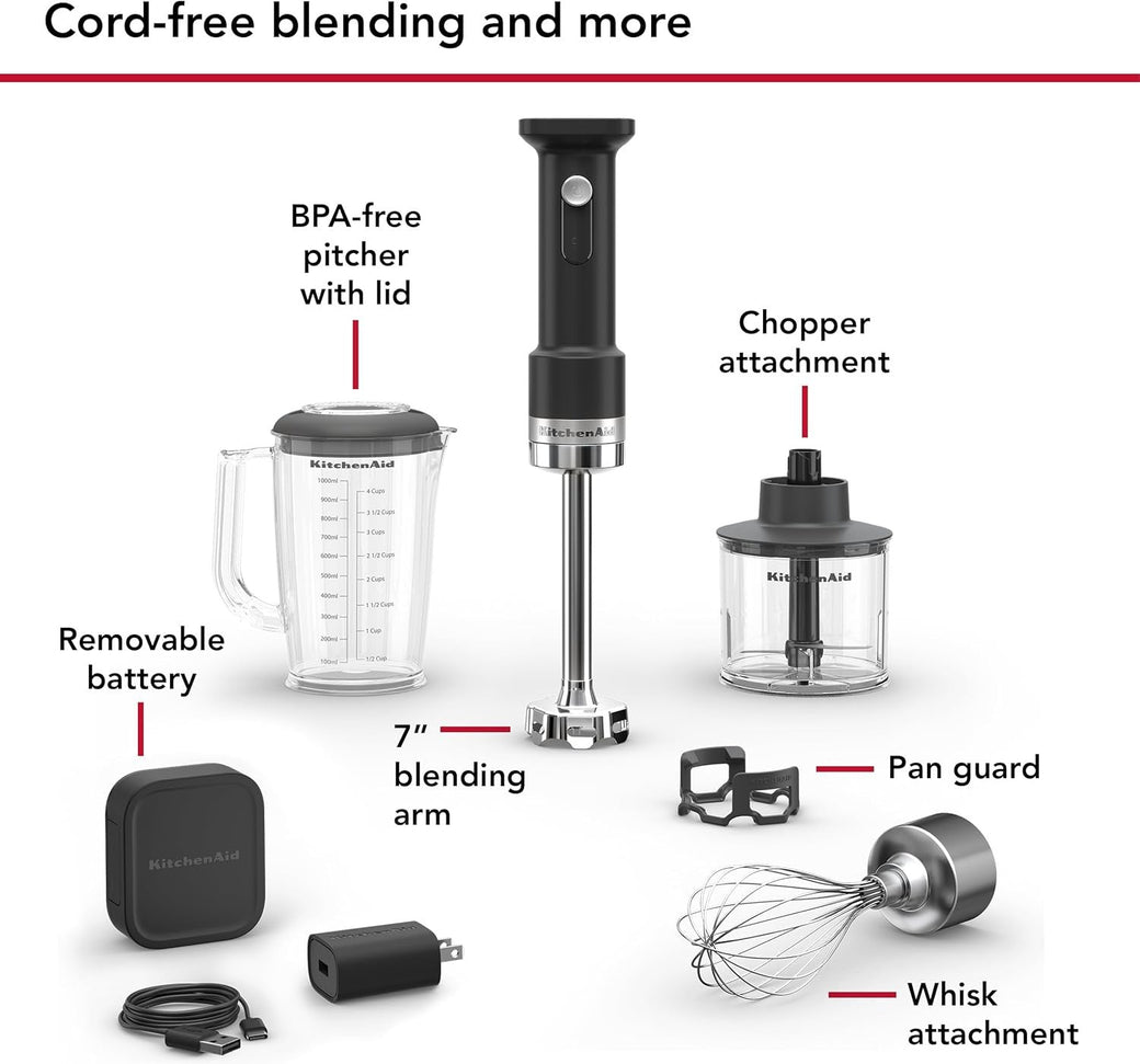 KitchenAid - 1 Speed Black Matte Cordless Hand Blender with Accessories - Battery Included - KHBRV75BM