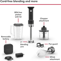 KitchenAid - 1 Speed Black Matte Cordless Hand Blender with Accessories - Battery Included - KHBRV75BM