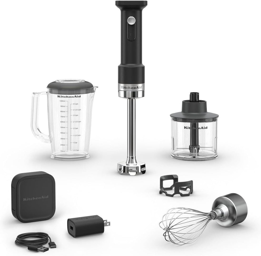 KitchenAid - 1 Speed Black Matte Cordless Hand Blender with Accessories - Battery Included - KHBRV75BM
