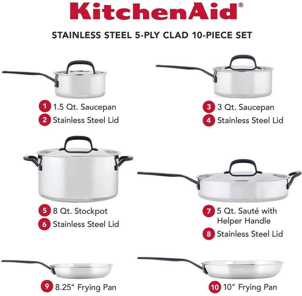 KitchenAid - 10 PC 5-Ply Clad Polished Stainless Steel Cookware Set - 30001-TF05