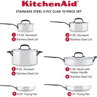 KitchenAid - 10 PC 5-Ply Clad Polished Stainless Steel Cookware Set - 30001-TF05