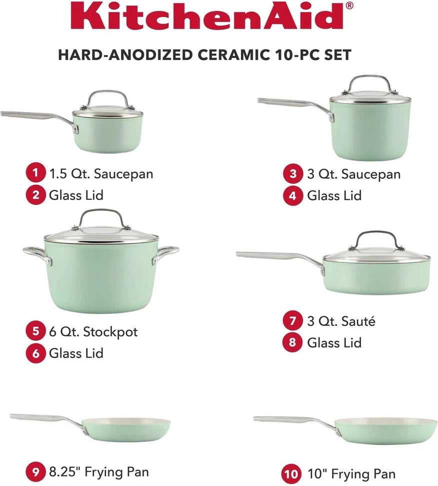 KitchenAid - 10 PC Pistachio Hard Anodized Ceramic Cookware Set - 84825-T