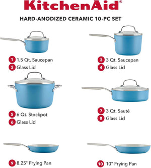 KitchenAid - 10 PC Blue Velvet Hard Anodized Ceramic Cookware Set - 84830-T