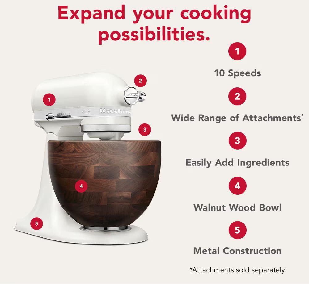 KitchenAid - Artisan Series 5-Quart Porcelain Tilt-Head Stand Mixer with True Walnut Wood Bowl - KSM156WBPL