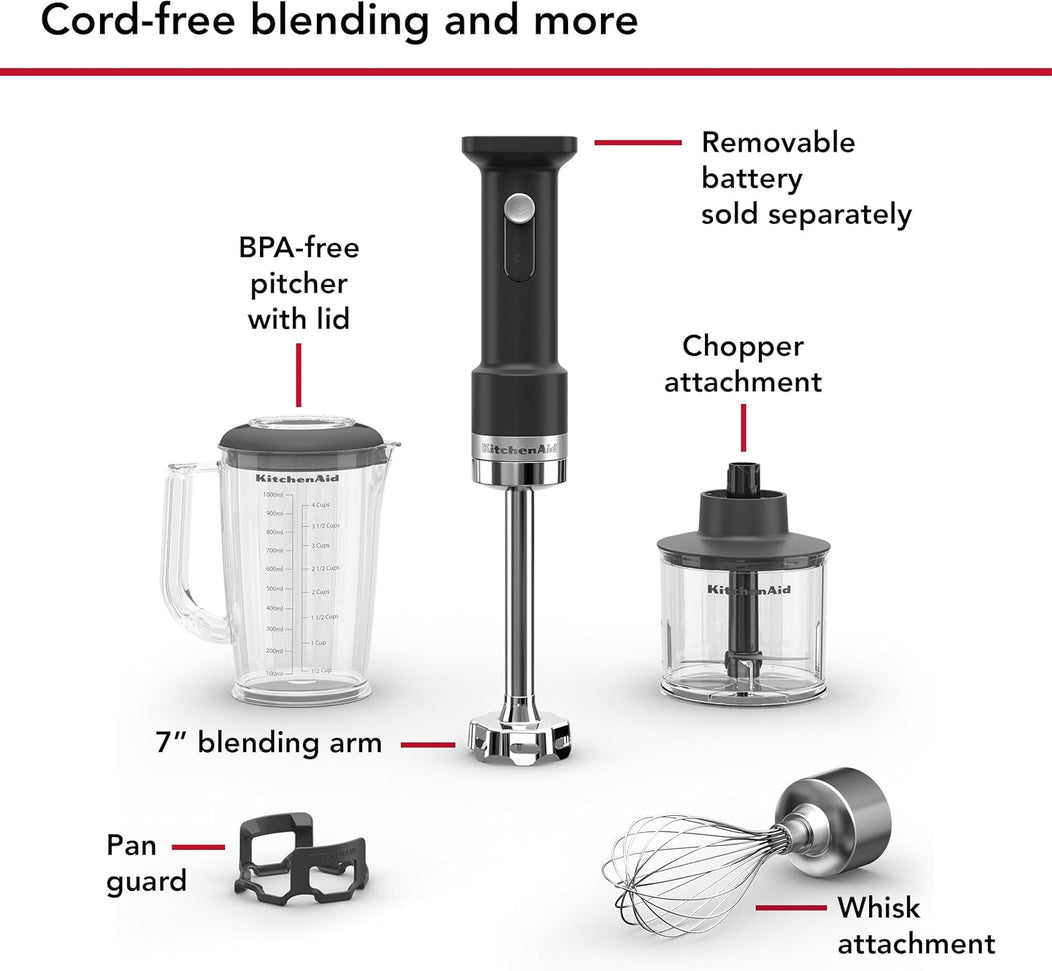 KitchenAid - Black Matte Cordless Hand Blender with Accessories - Battery Sold Separately - KHBRV05BM