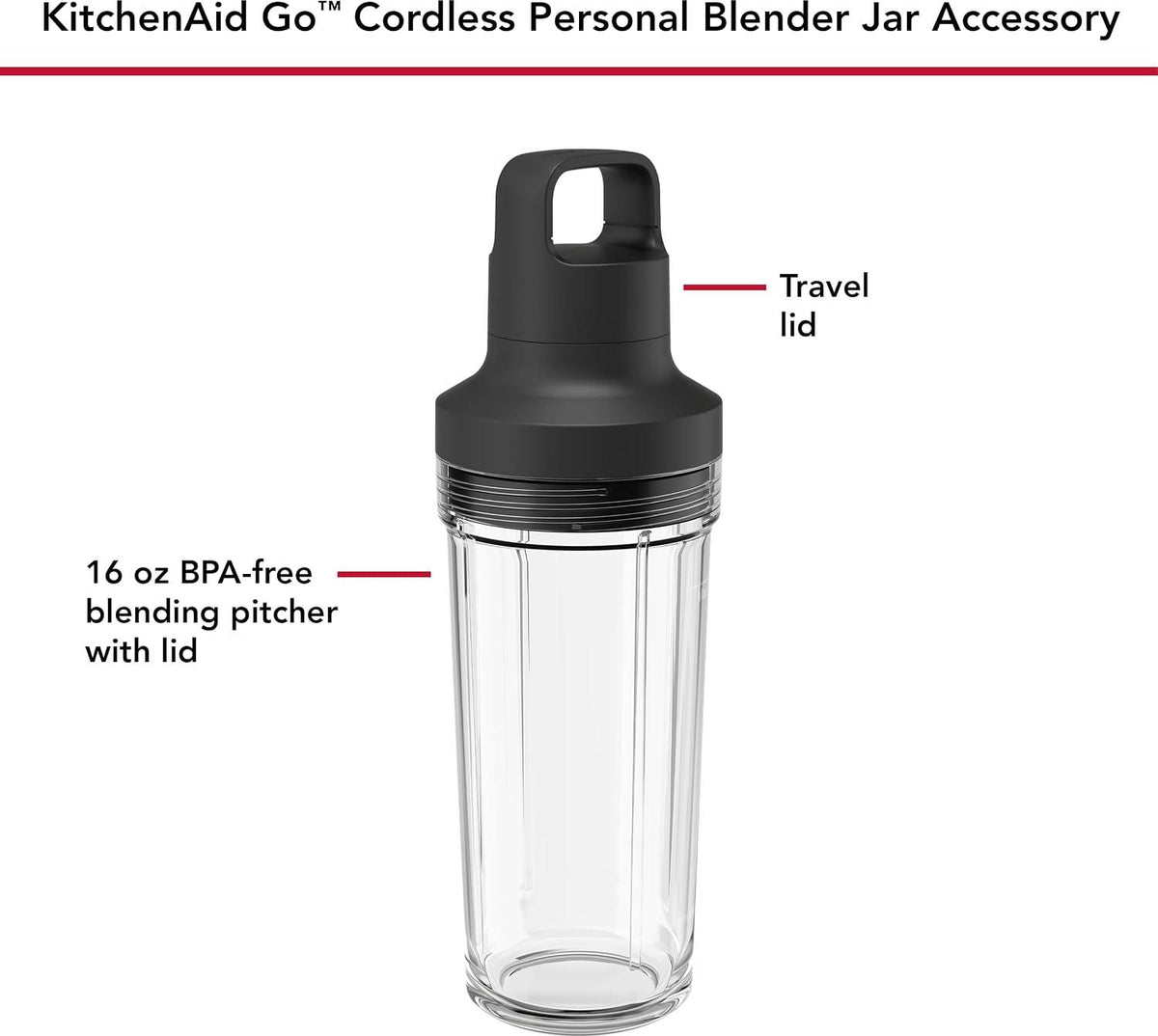 KitchenAid - KitchenAid Go Cordless Black Matte Personal Blender Jar, 16 oz with Travel Lid - KSBRJA16BM