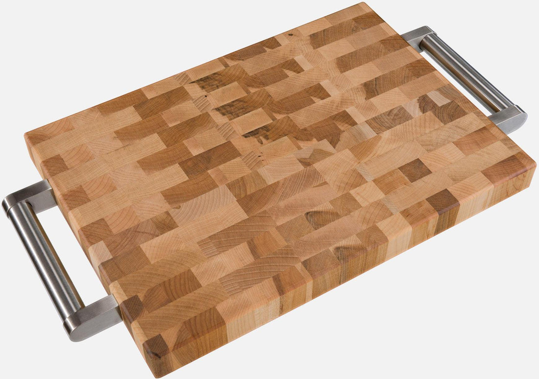 Labell - 10" x 14" x 1.25" Maple End Grain Butcher Block with Stainless Steel Handles and Rubber Feet - L10148