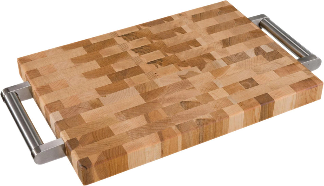 Labell - 10" x 14" x 1.25" Maple End Grain Butcher Block with Stainless Steel Handles and Rubber Feet - L10148