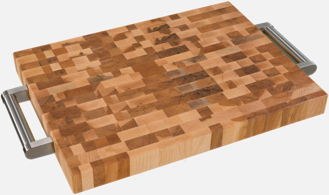 Labell - 12" x 16" x 1.5" Maple End Grain Butcher Block with Stainless Steel Handles and Rubber Feet - L12168