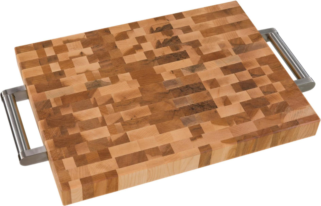 Labell - 12" x 16" x 1.5" Maple End Grain Butcher Block with Stainless Steel Handles and Rubber Feet - L12168