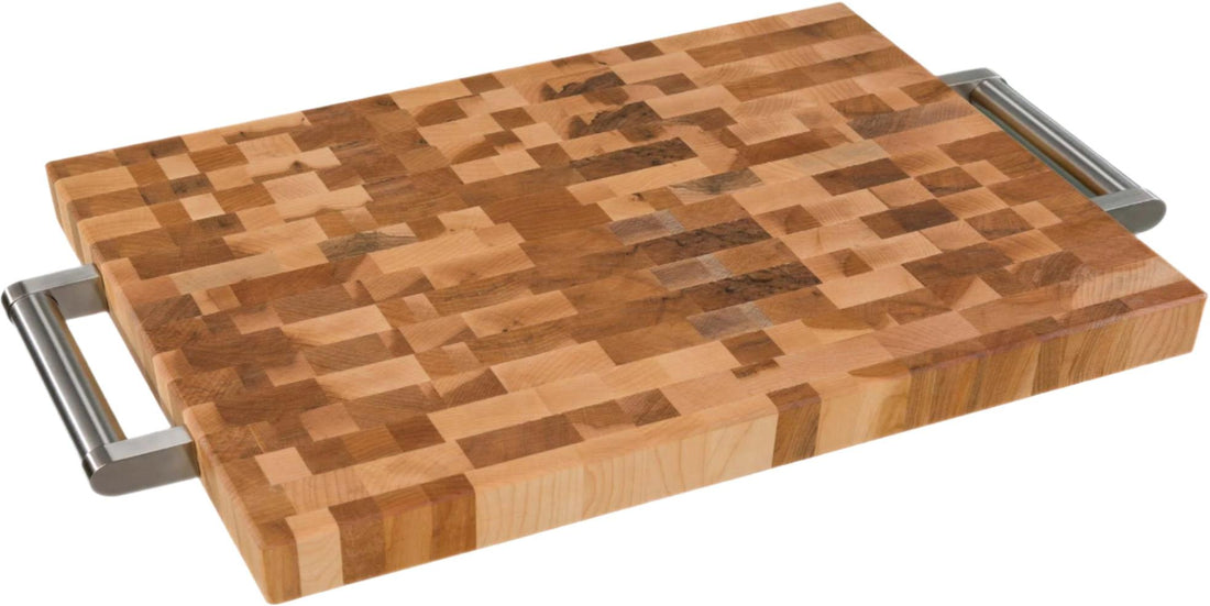 Labell - 13" x 18" x 1.25" Maple End Grain Butcher Block with Stainless Steel Handles and Rubber Feet - L13188