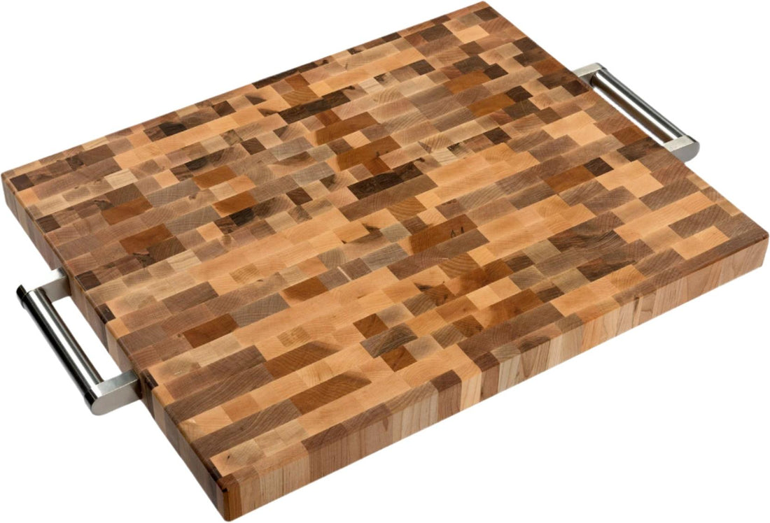 Labell - 16" x 20" x 1.5" Maple End Grain Butcher Block with Stainless Steel Handles and Rubber Feet - L16208