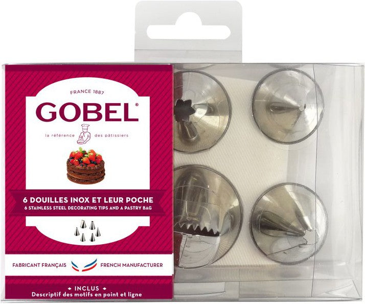 Louis Tellier - 11.81" Stainless Steel Crystal Icing Tips Assorted & Cotton Piping Bag, Box of 6 Pc - 889151