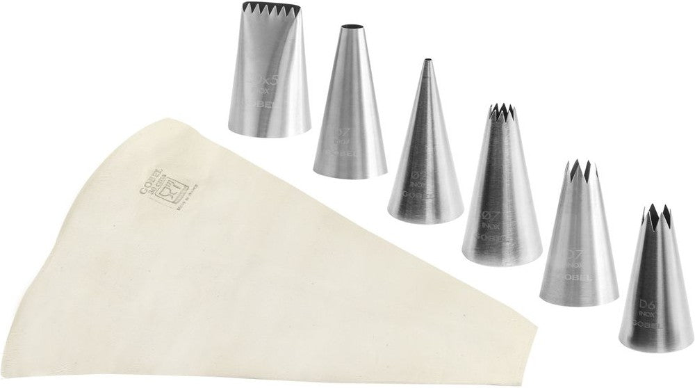 Louis Tellier - 11.81" Stainless Steel Crystal Icing Tips Assorted & Cotton Piping Bag, Box of 6 Pc - 889151