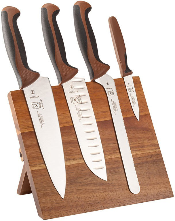 Mercer - 9.5" x 8.6" x 0.75" Acacia Magnetic Board with Japanese Steel Knives with Brown Handle, Pack Of 5 - M21982BR
