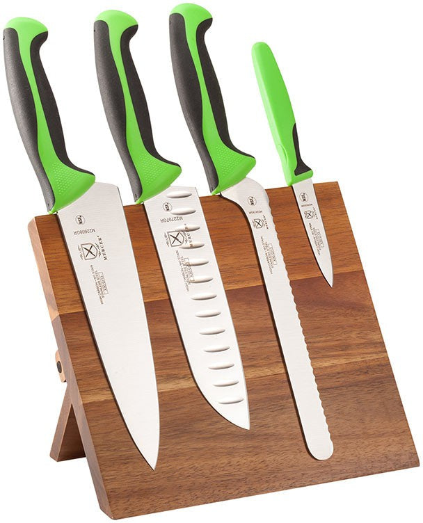 Mercer - 9.5" x 8.6" x 0.75" Acacia Magnetic Board with Japanese Steel Knives with Green Handle, Pack Of 5 - M21982GR