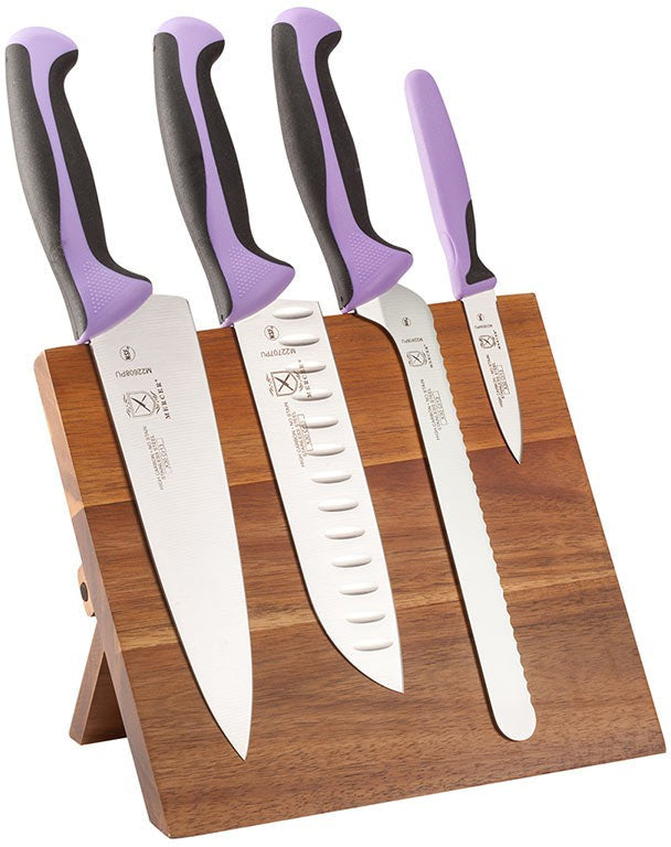 Mercer - 9.5" x 8.6" x 0.75" Acacia Magnetic Board with Japanese Steel Knives with Purple Handle, Pack Of 5 - M21982PU