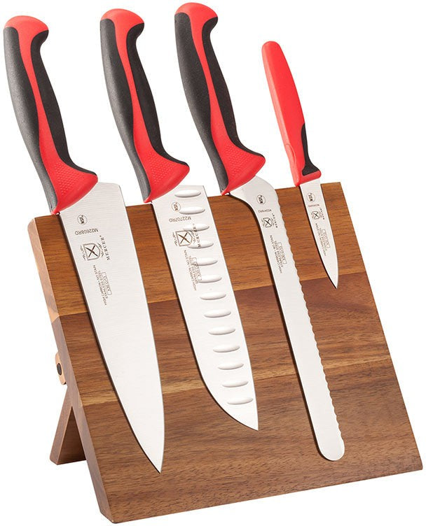 Mercer - 9.5" x 8.6" x 0.75" Acacia Magnetic Board with Japanese Steel Knives with Red Handle, Pack Of 5 - M21982RD