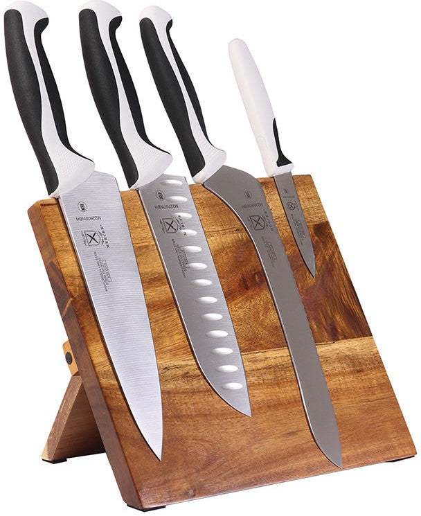 Mercer - 9.5" x 8.6" x 0.75" Acacia Magnetic Board with Japanese Steel Knives with White Handle, Pack Of 5 - M21982WBH