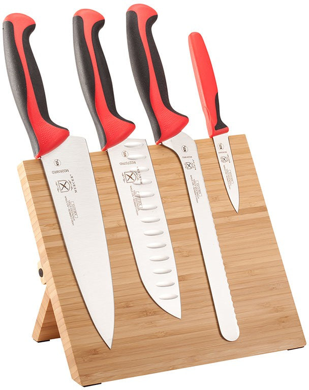Mercer - 9.5" x 8.6" x 0.75" Bamboo Magnetic Board with German Steel Knives with Red Handle, Pack Of 5 - M21981RD
