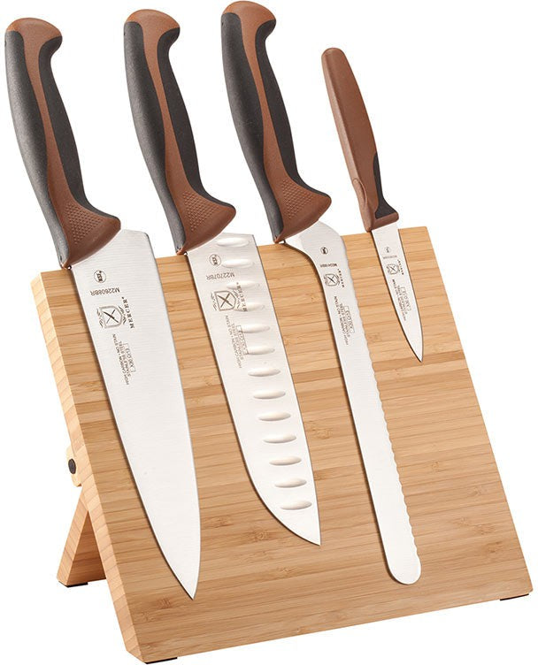 Mercer - 9.5" x 8.6" x 0.75" Bamboo Magnetic Board with Japanese Steel Knives with Brown Handle - M21981BR