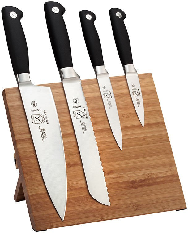 Mercer - 9.5" x 8.6" x 0.75" Genesis® Bamboo Wood Magnetic Board and Black German Steel Knives, Pack Of 5 - M21960BM