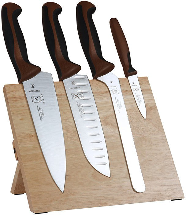 Mercer - 9.5" x 8.6" x 0.75" Rubberwood Magnetic Board with Japanese Steel Knives with Brown Handle, Pack Of 5 - M21980BR