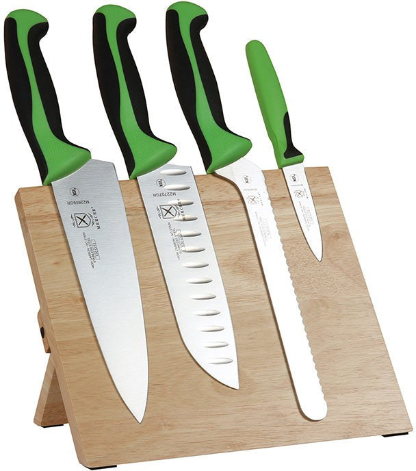 Mercer - 9.5" x 8.6" x 0.75" Rubberwood Magnetic Board with Japanese Steel Knives with Green Handle, Pack Of 5 - M21980GR