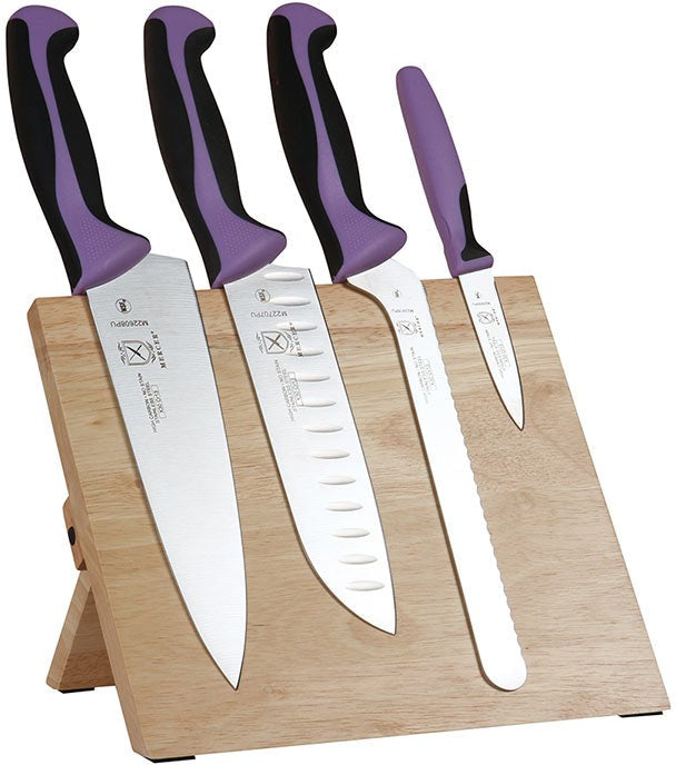 Mercer - 9.5" x 8.6" x 0.75" Rubberwood Magnetic Board with Japanese Steel Knives with Purple Handle, Pack Of 5 - M21980PU